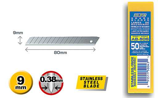 OLFA AB-50S, 9mm-Abbrechklingen, 50 Stck, rostfrei